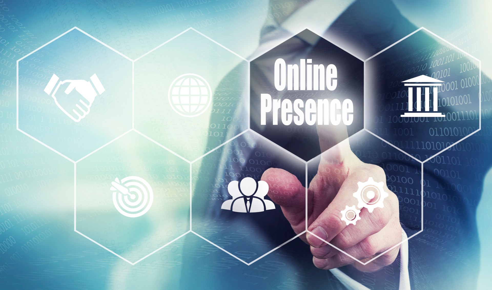 A businessman selecting a Online Presence Concept button